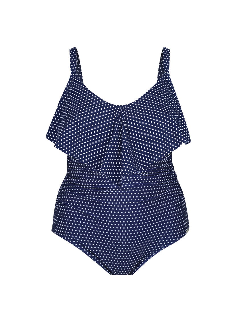 Navy and White Dots Long Frill V Neck One Piece