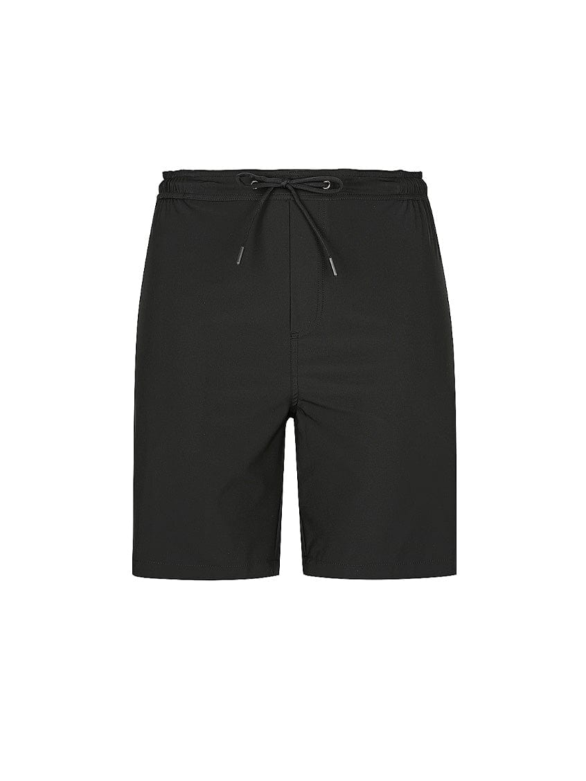 ghost mannequin image of the black stretch knee length boardshort with elastic back waist band and tie front