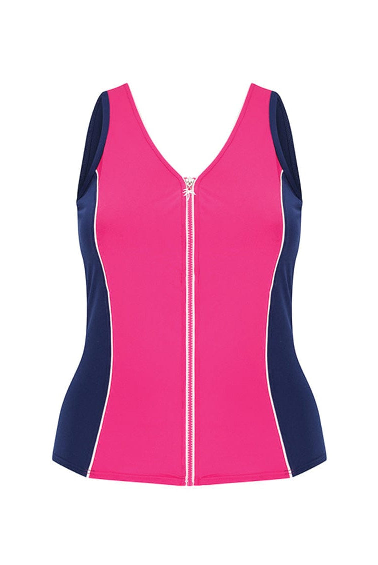 Ghost mannequin of bright pink and navy with white zip front detail in chlorine resistant tankini
