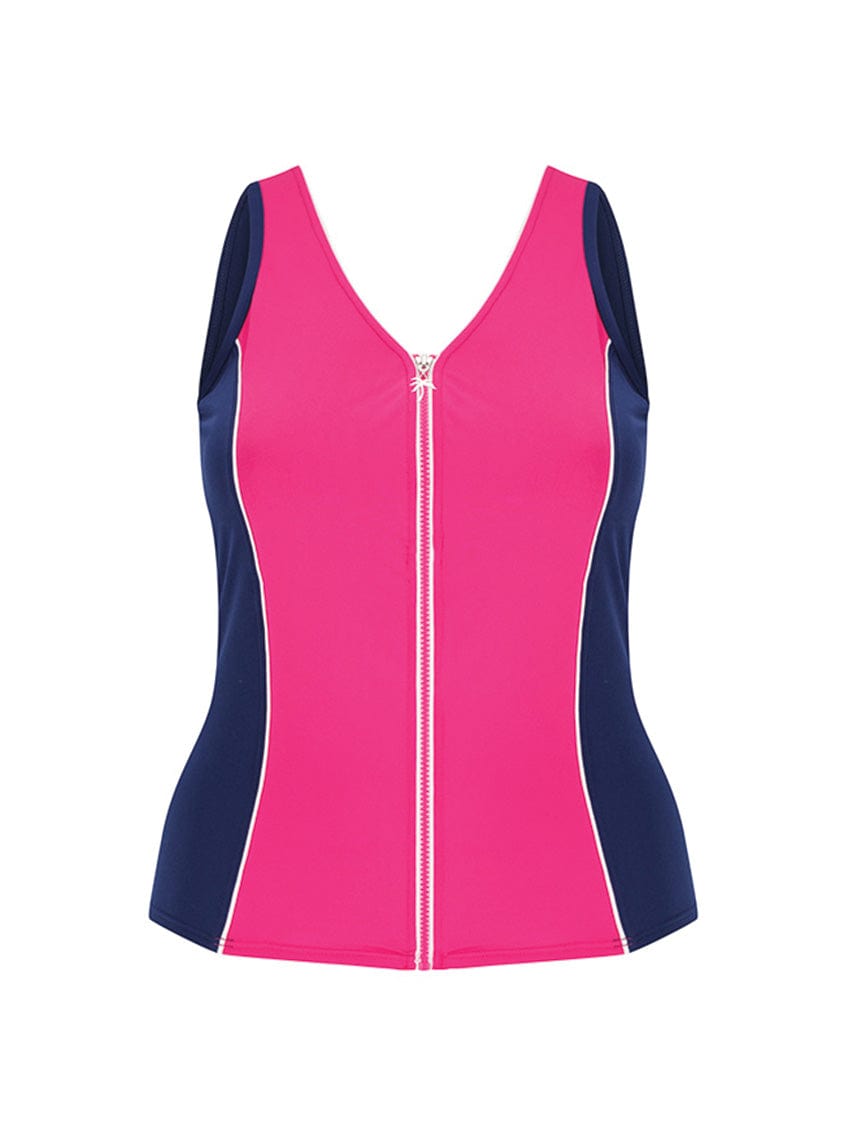 Ghost mannequin of bright pink and navy with white zip front detail in chlorine resistant tankini