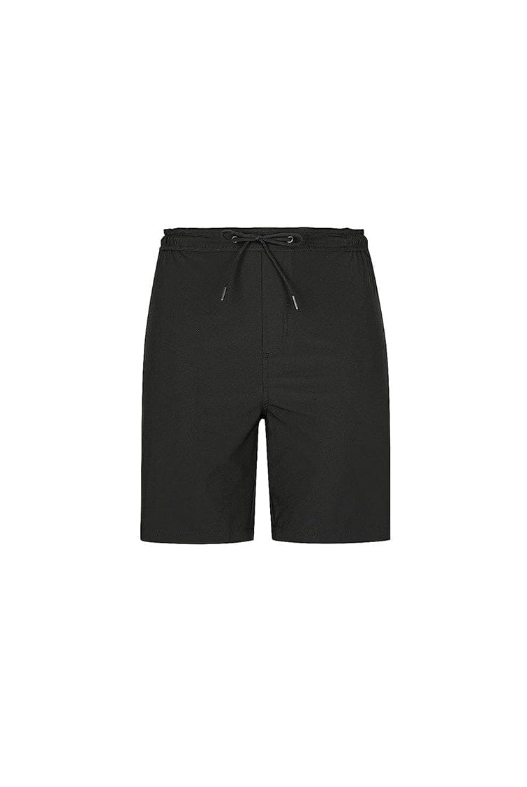 ghost mannequin image of the black stretch knee length boardshort with elastic back waist band and tie front