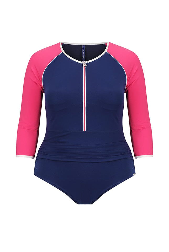 Ghost mannequin of 3/4 navy and pink one piece with zip front detail