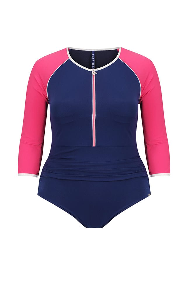 Ghost mannequin of 3/4 navy and pink one piece with zip front detail