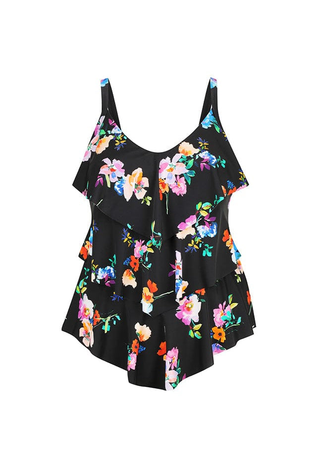 Ghost mannequin black and bright floral 3 tier tankini top