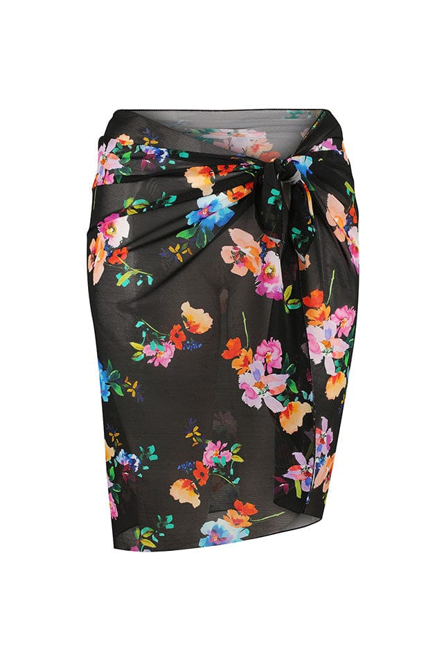 Ghost mannequin black and bright floral mesh wrap skirt