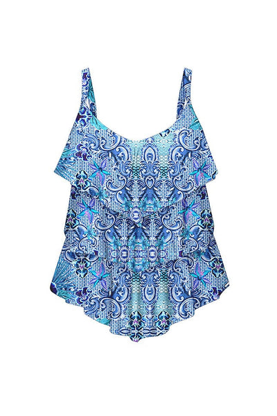 Ghost mannequin blue patterned 3 tier ruffle tankini top