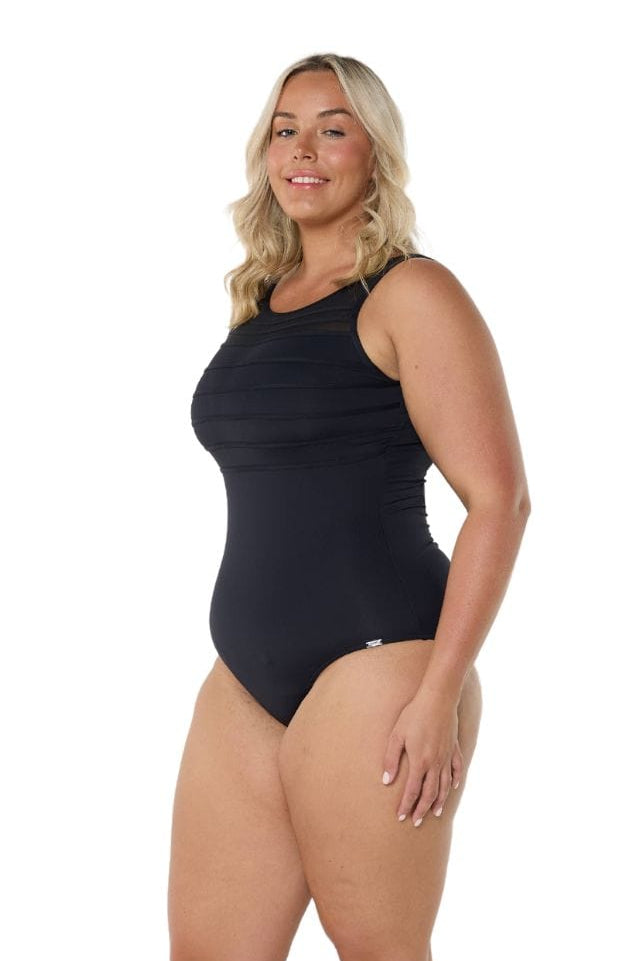 Model showing side of mesh black high neck one piece