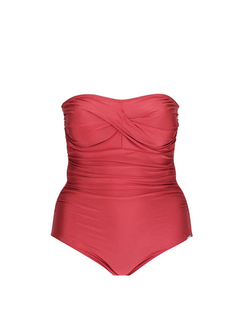 Red strapless swimsuit on a white background