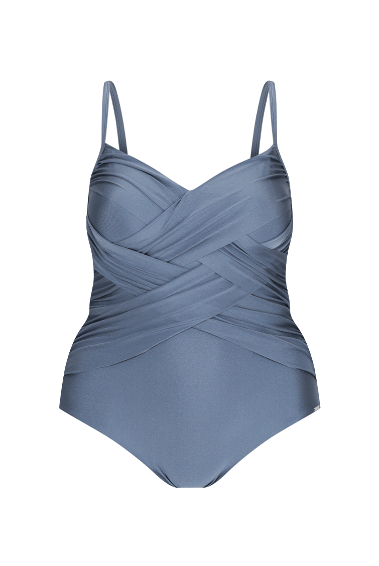 Ghost mannequin of metallic grey one piece with criss cross detail