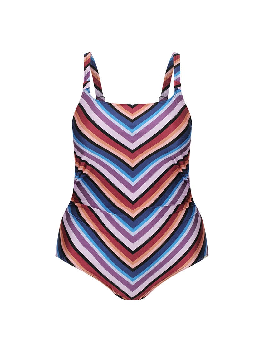 Multicolored striped swimsuit on a white background