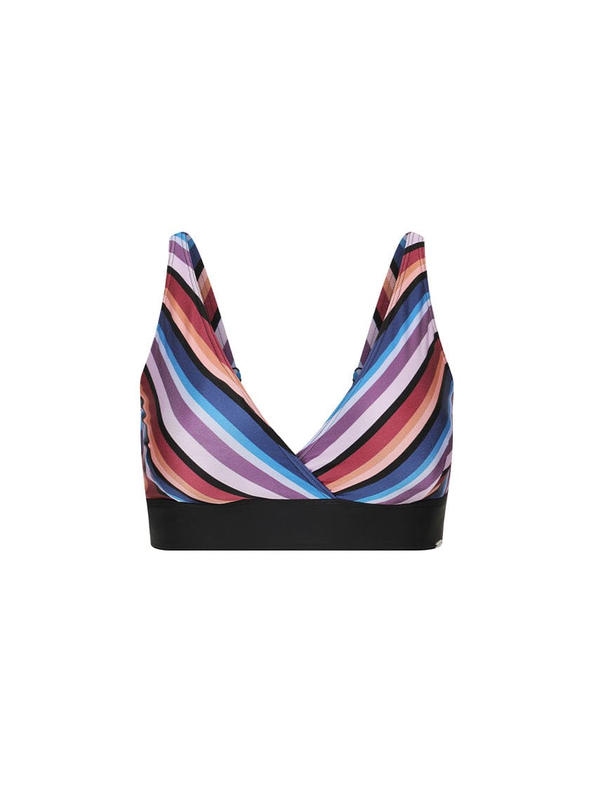 Multicolored striped bikini top on a white background
