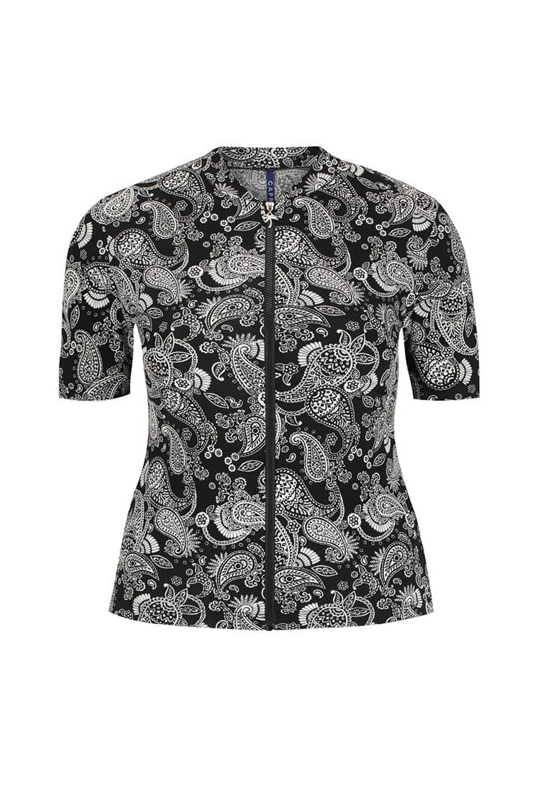 Ghost mannequin of short sleeve rash vest in paisley chlorine resistant