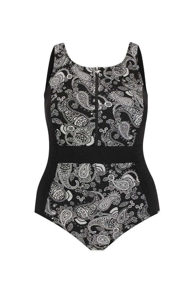 Ghost mannequin of one piece with zip front detail in paisley chlorine resistant fabric