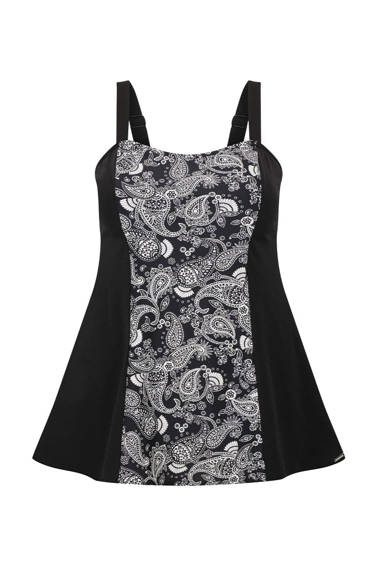 Ghost mannequin of black and white paisley print swim dress for curve women