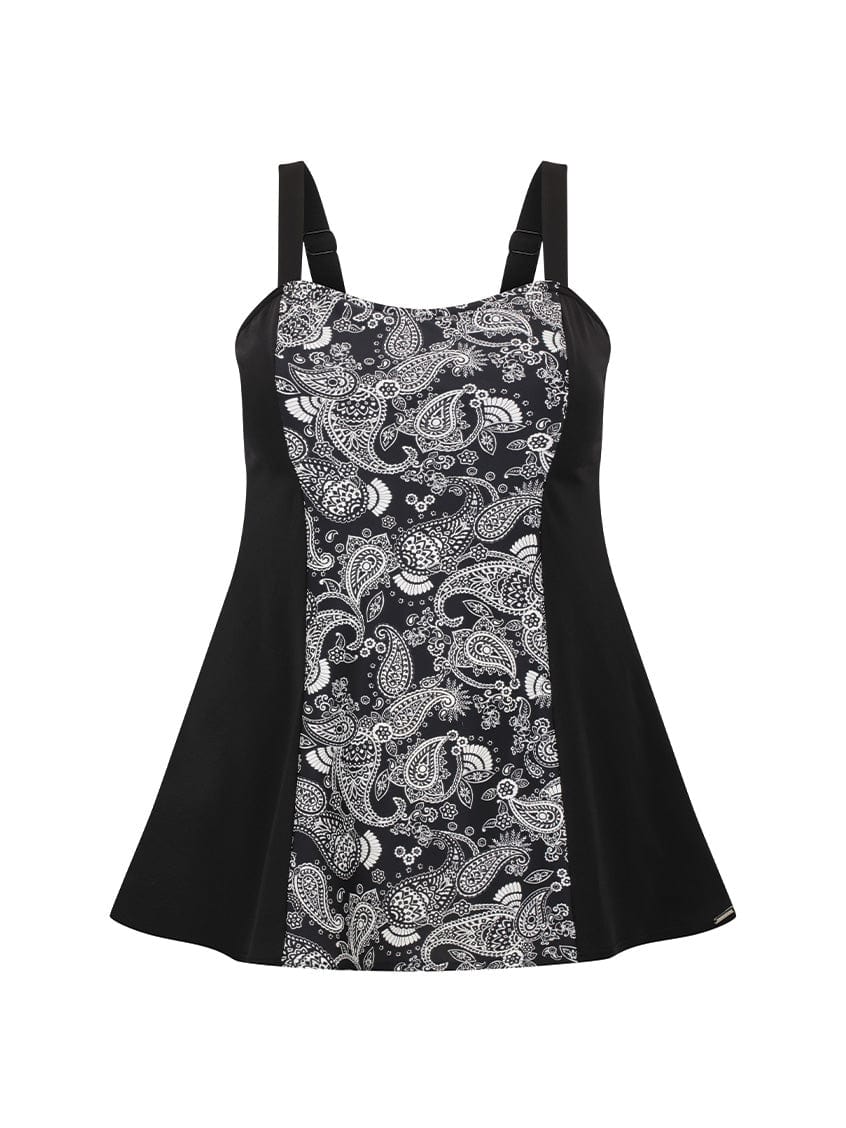 Ghost mannequin of black and white paisley print swim dress for curve women