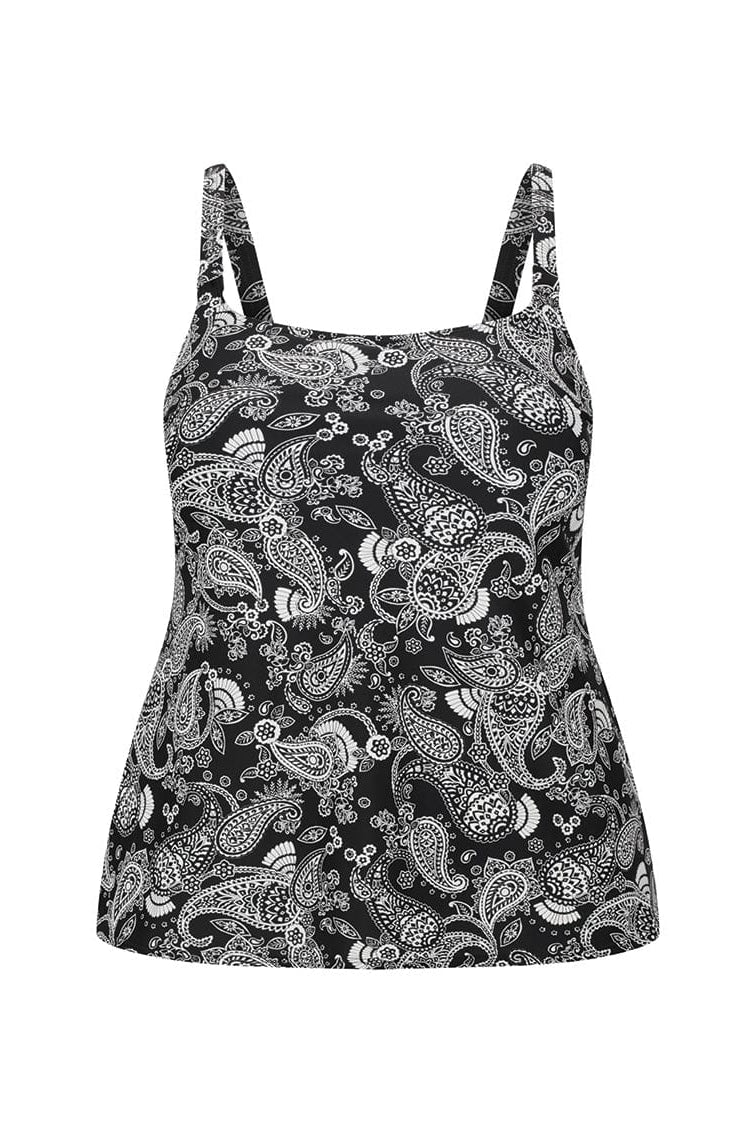 Black tank top with white paisley pattern on a white background