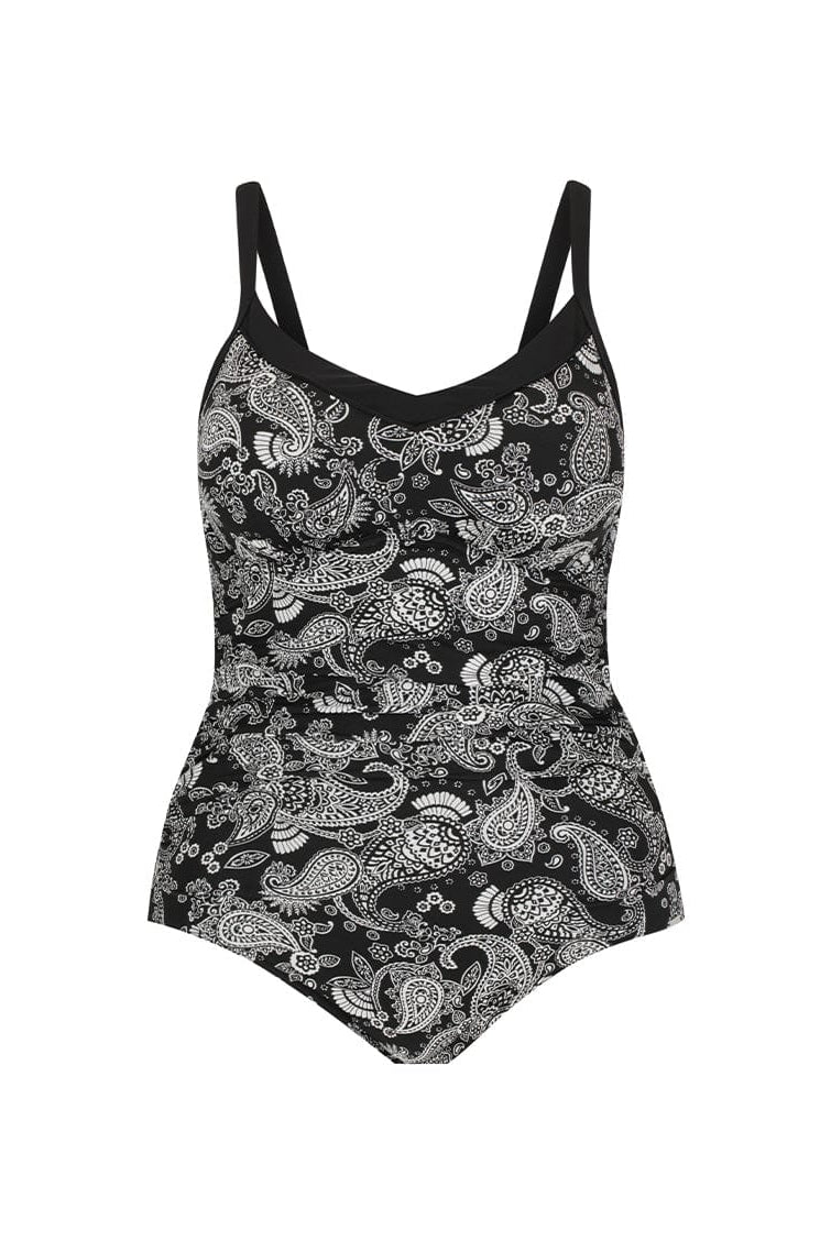 Ghost mannequin of underwire one piece with paisley print in chlorine resistant