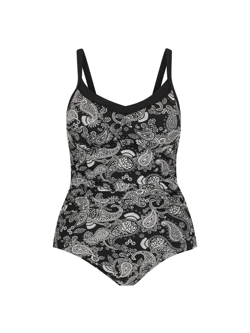 Ghost mannequin of underwire one piece with paisley print in chlorine resistant