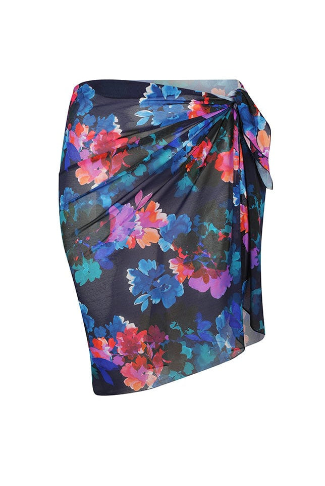 Ghost mannequin of mesh sarong skirt in navy based floral print with tie detail