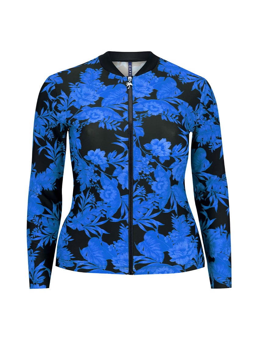 Blue floral patterned jacket on a white background