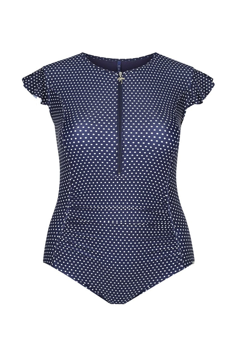 navy and white dots frill sleeve swimsuit