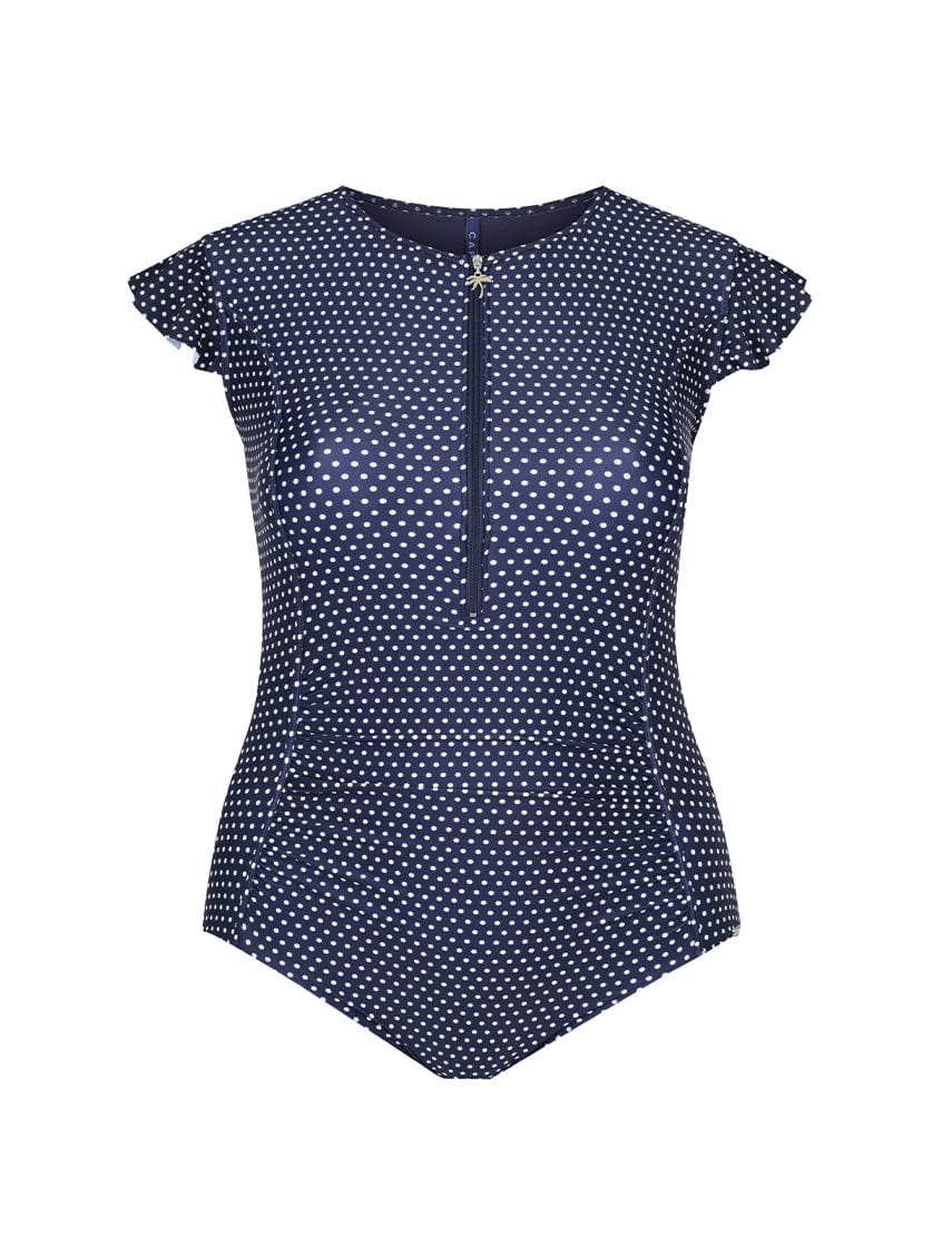 navy and white dots frill sleeve swimsuit