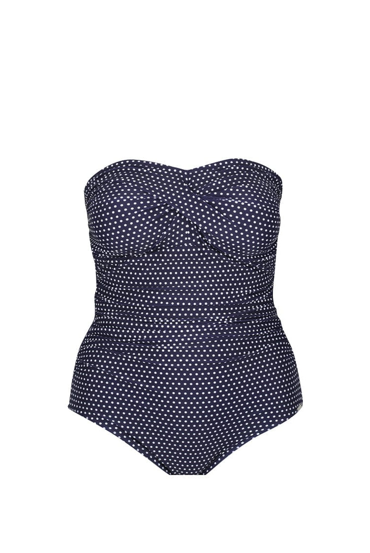 ghost mannequin of navy and white polkadot twist front strapless bandeau one piece swimsuit