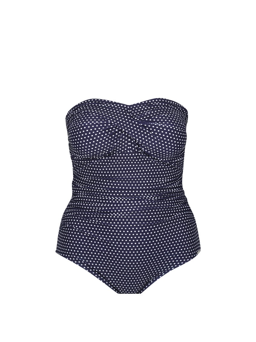 ghost mannequin of navy and white polkadot twist front strapless bandeau one piece swimsuit