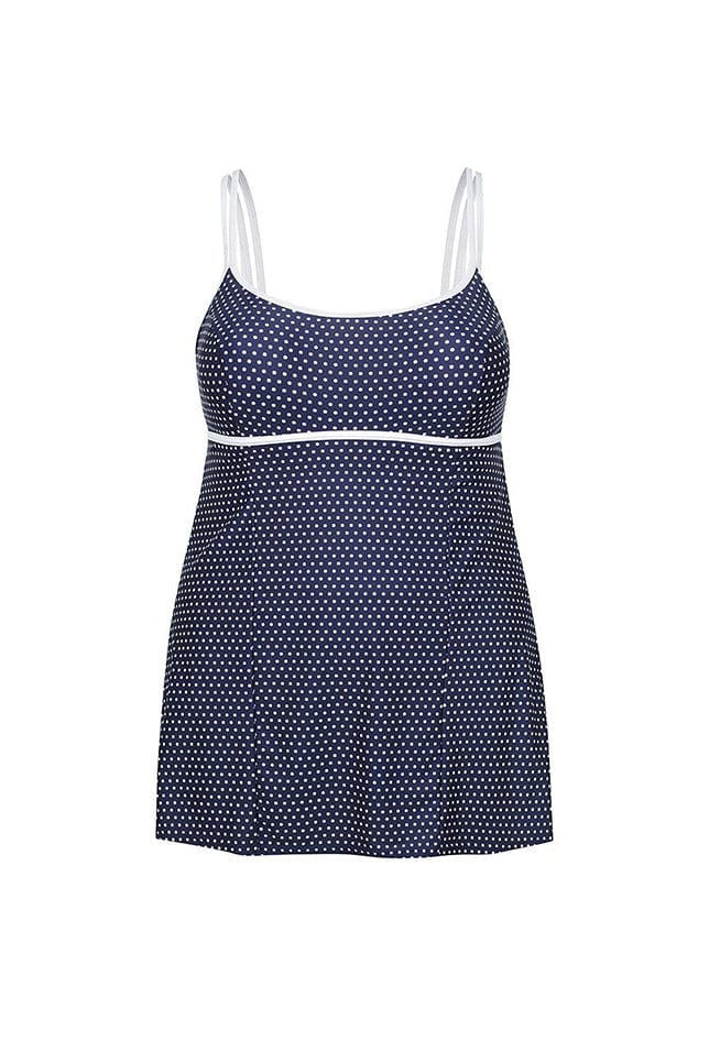 ghost mannequin of navy and white polkadot underwire swimdress with white straps