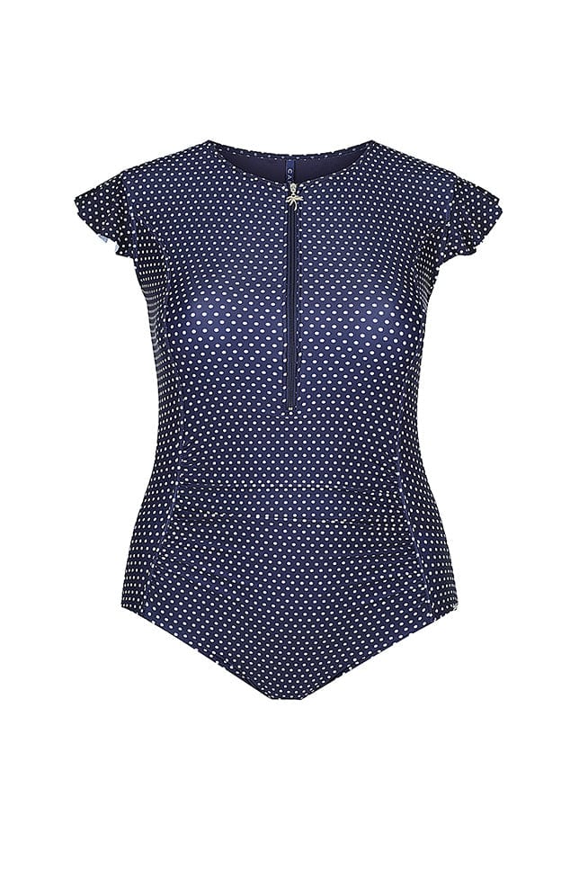 ghost mannequin of navy and white polkadot one piece high neck one piece with frill sleeves