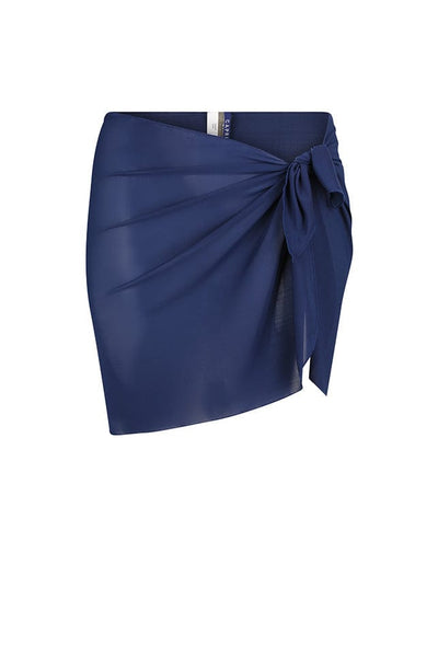 ghost mannequin image of navy mash fabric wrap tie side skirt