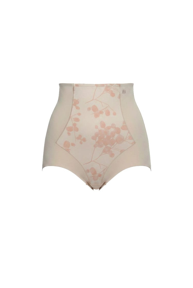Beige high-waisted underwear with floral pattern on a white background