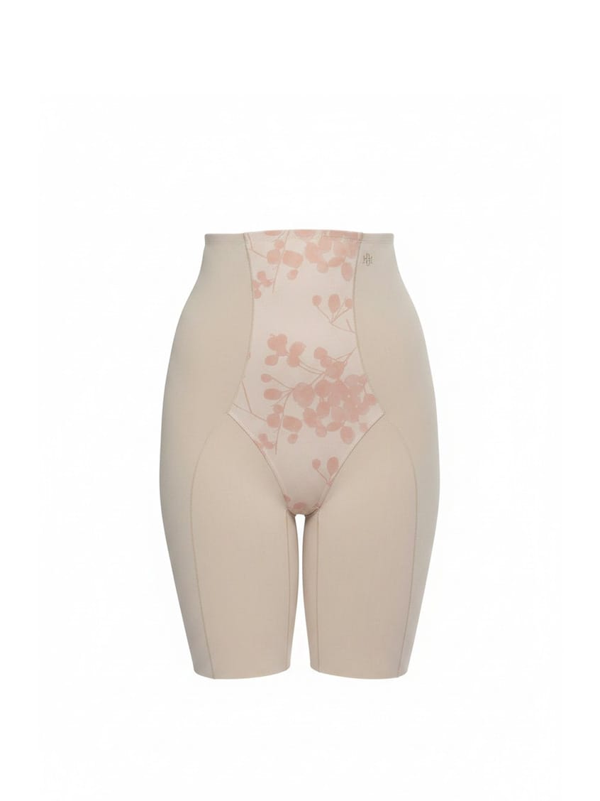Beige shapewear with floral pattern on a white background