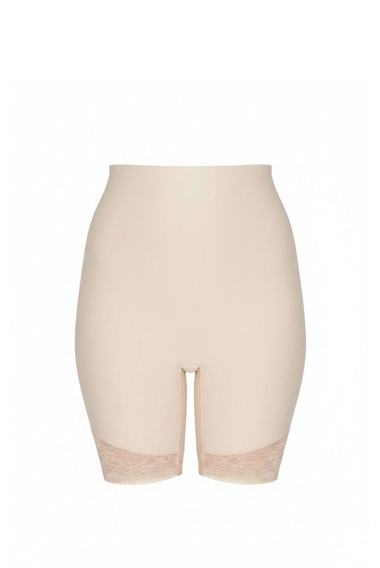 Beige shapewear shorts on a white background