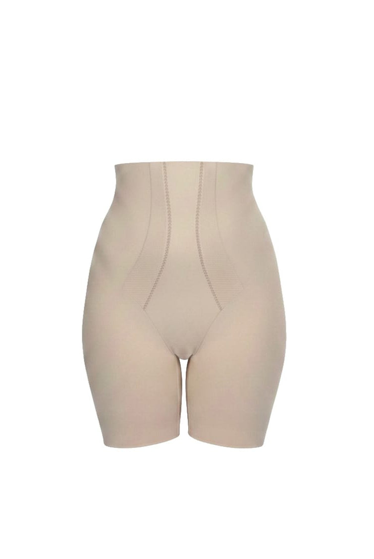 Beige shapewear shorts on a white background