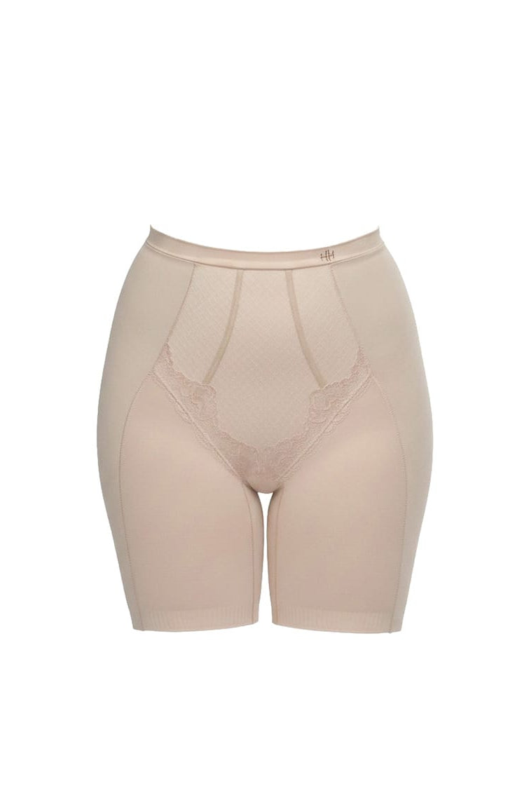 Beige shapewear shorts on a white background