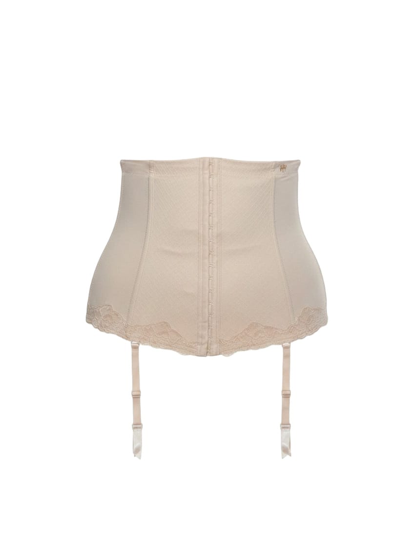 Beige corset with lace details on a plain background