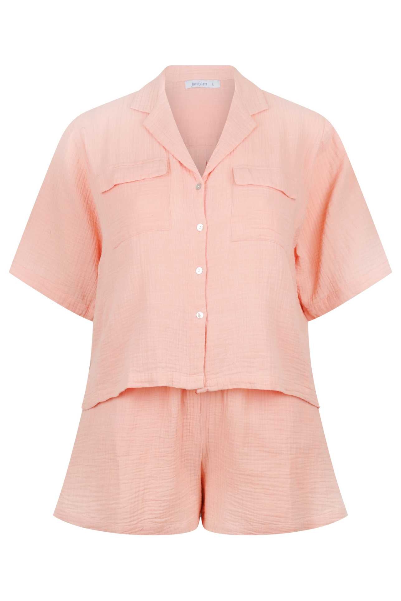 ghost mannequin of short cotton crepe lounge wear set with button through front shirt in musk