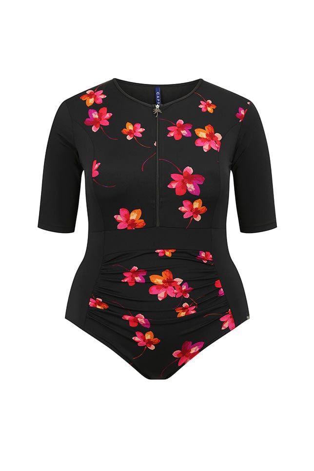 ghost mannequin image of a black 3/4 sleeve one piece with high neck and zip front detail in black with pink flowers