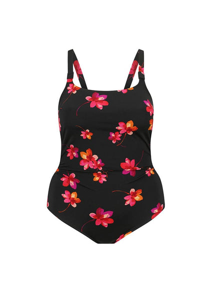 ghost mannequin image of a black and pink floral one piece swimsuit in chlorine resistant fabric