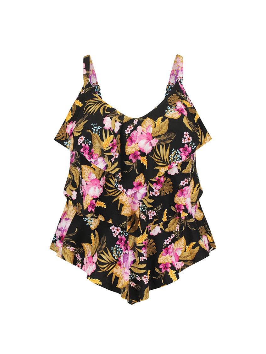 Ghost Mannequin of Womens 3 Tier Tankini Top in Pink and Gold Floral Print