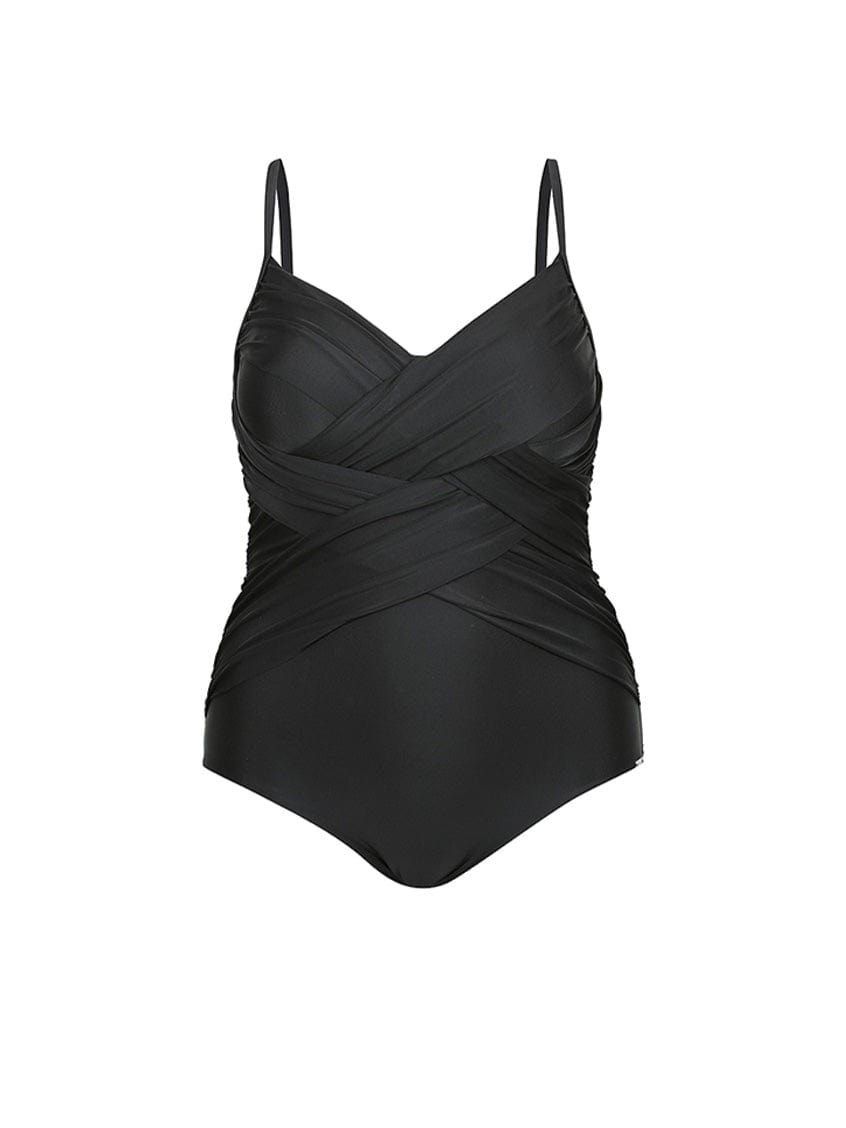 Ghost mannequin black criss cross one piece swimsuit
