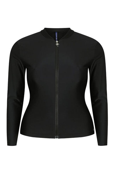 ghost mannequin image of black long sleeve rash vest with full length zip front
