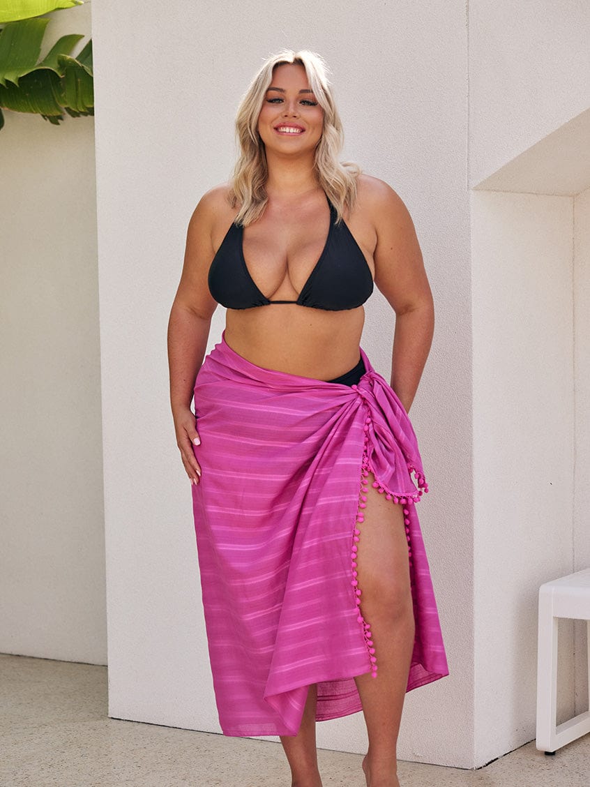 Model showing of full length sarong with pom pom
