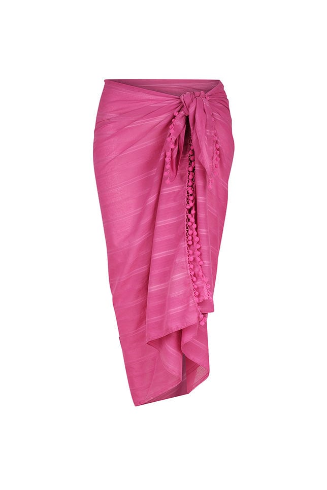 ghost mannequin photo of hot pink cotton sarong with pom pom  details
