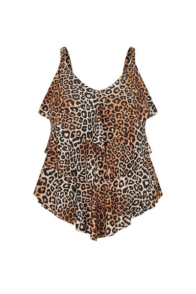 Ghost mannequin of leopard printed tiered tankini top