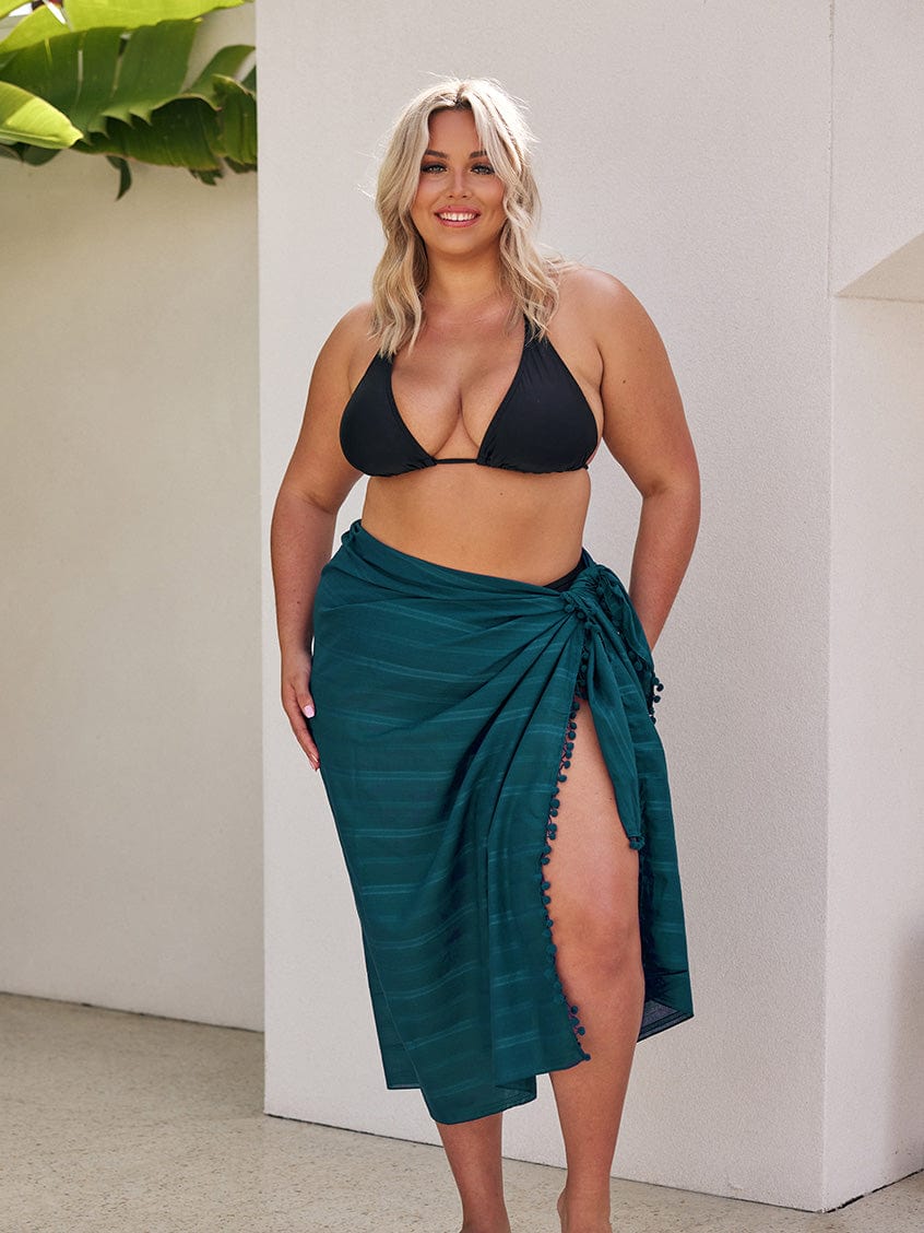 Teal pom pom sarong with tie detail in teal colour