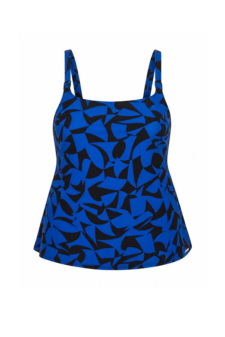 Blue tankini top with black abstract pattern on a white background