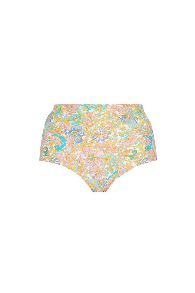 ghost mannequin image of pastel pink and blue floral printed high waisted swim pant