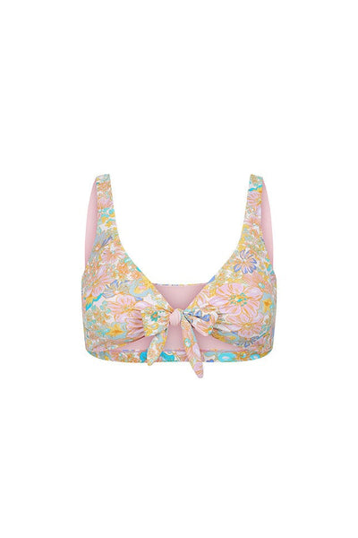 ghost mannequin image of pink and blue pastel floral bikini top with tie front detail